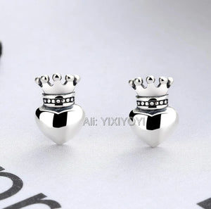 925 Silver Crown Heart Stud Earring Retro Vintage Thai Silver Earrings
