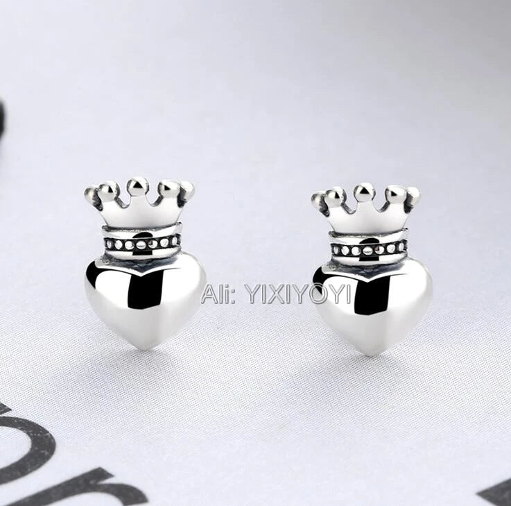 925 Silver Crown Heart Stud Earring Retro Vintage Thai Silver Earrings
