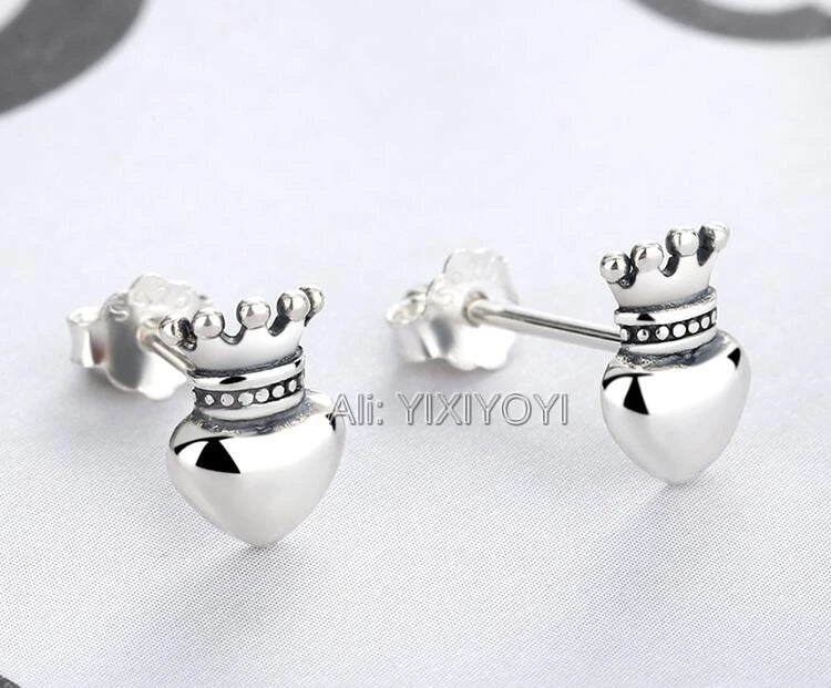 925 Silver Crown Heart Stud Earring Retro Vintage Thai Silver Earrings