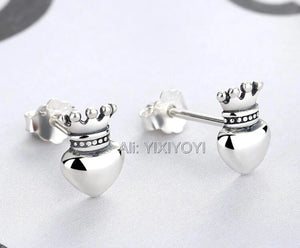925 Silver Crown Heart Stud Earring Retro Vintage Thai Silver Earrings