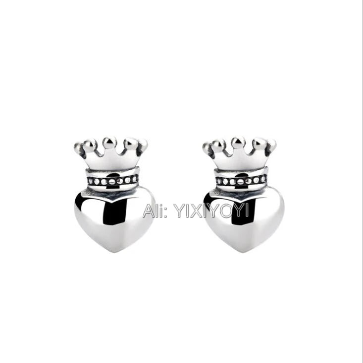 925 Silver Crown Heart Stud Earring Retro Vintage Thai Silver Earrings