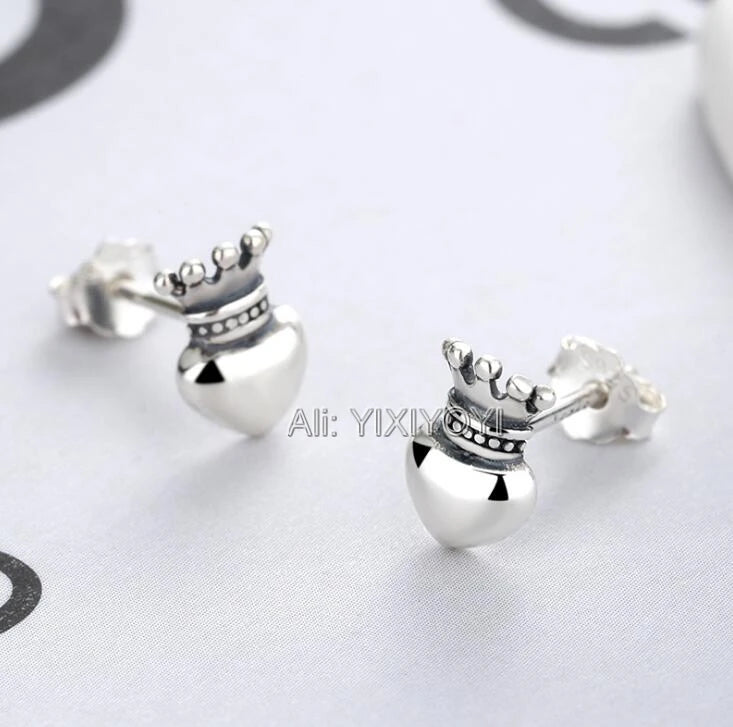 925 Silver Crown Heart Stud Earring Retro Vintage Thai Silver Earrings