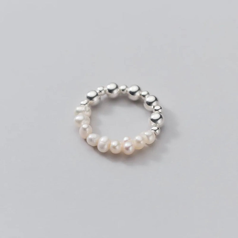 925 Silver Baroque Pearl Beads Elastic Ring Wedding Jewelry