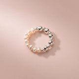 925 Silver Baroque Pearl Beads Elastic Ring Wedding Jewelry