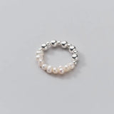 925 Silver Baroque Pearl Beads Elastic Ring Wedding Jewelry