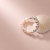 925 Silver Baroque Pearl Beads Elastic Ring Wedding Jewelry