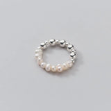 925 Silver Baroque Pearl Beads Elastic Ring Wedding Jewelry