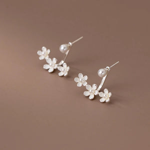 925 Silver Cherry Blossom Pearl Stud Earrings Sweet Jewelry Anti Allergy