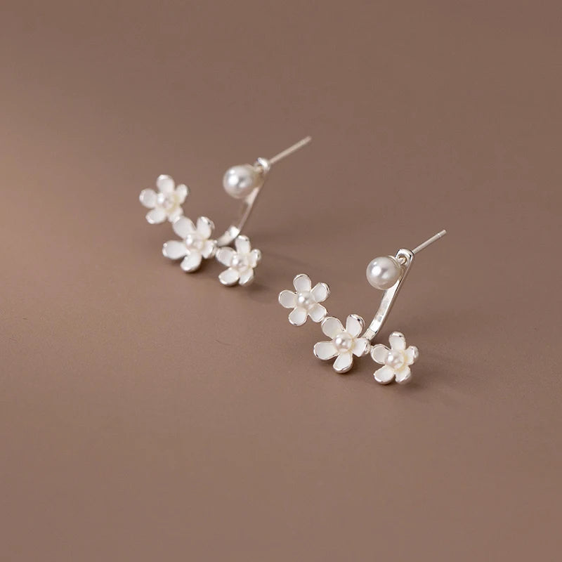 925 Silver Cherry Blossom Pearl Stud Earrings Sweet Jewelry Anti Allergy