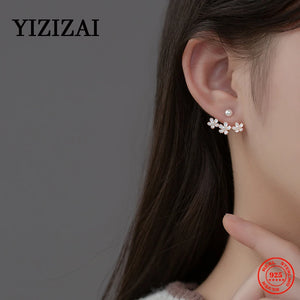 925 Silver Cherry Blossom Pearl Stud Earrings Sweet Jewelry Anti Allergy