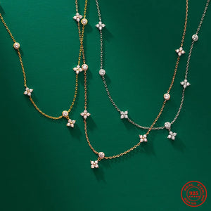 925 Silver Crystal Four Leaf Flower Choker Necklace