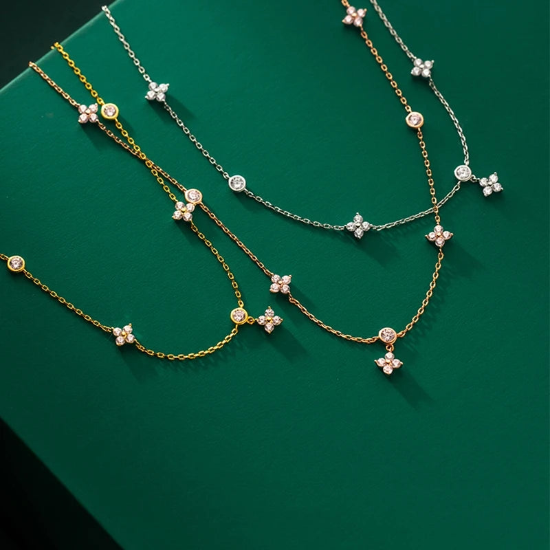 925 Silver Crystal Four Leaf Flower Choker Necklace