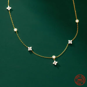 925 Silver Crystal Four Leaf Flower Choker Necklace