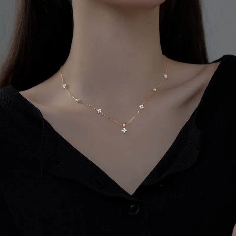 925 Silver Crystal Four Leaf Flower Choker Necklace