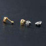925 Silver Skull Screw Stud Earrings Punk Style Men Women Jewelry