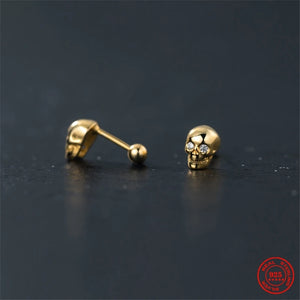925 Silver Skull Screw Stud Earrings Punk Style Men Women Jewelry