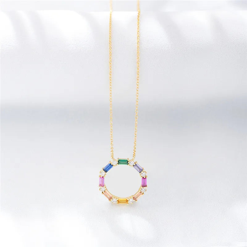 925 Silver Rainbow Hollow Round Gemstone Pendant Necklace