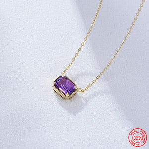 925 Silver Square Purple Crystal Pendant Necklace 14k Jewelry