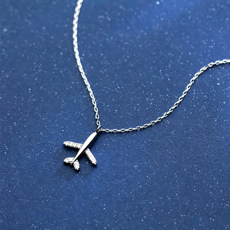 925 Silver Airplane Pendant Necklace Crystal Aircraft Jewelry