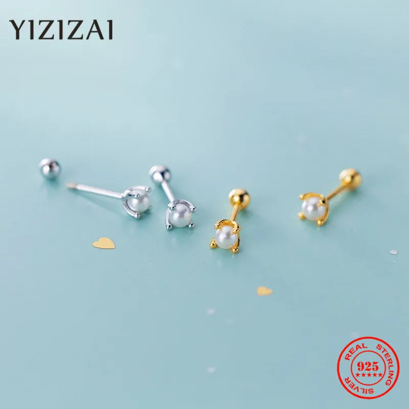 925 Silver Mini Crown Pearl Stud Earring Screw Ear Bone Nail Jewelry