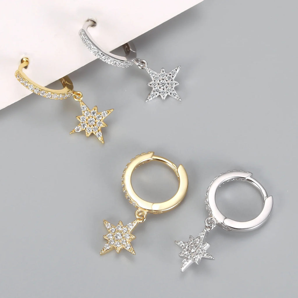 925 Sterling Silver Octagonal Star Hoop Earrings