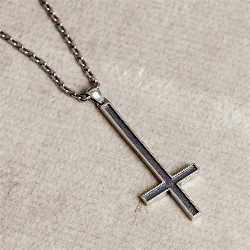 S925 Sterling Silver Inverted Cross Pendant Necklace Vintage Punk Style