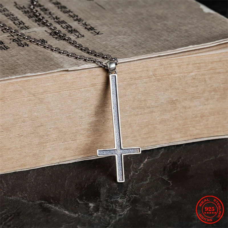 S925 Sterling Silver Inverted Cross Pendant Necklace Vintage Punk Style