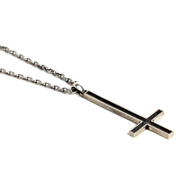 S925 Sterling Silver Inverted Cross Pendant Necklace Vintage Punk Style