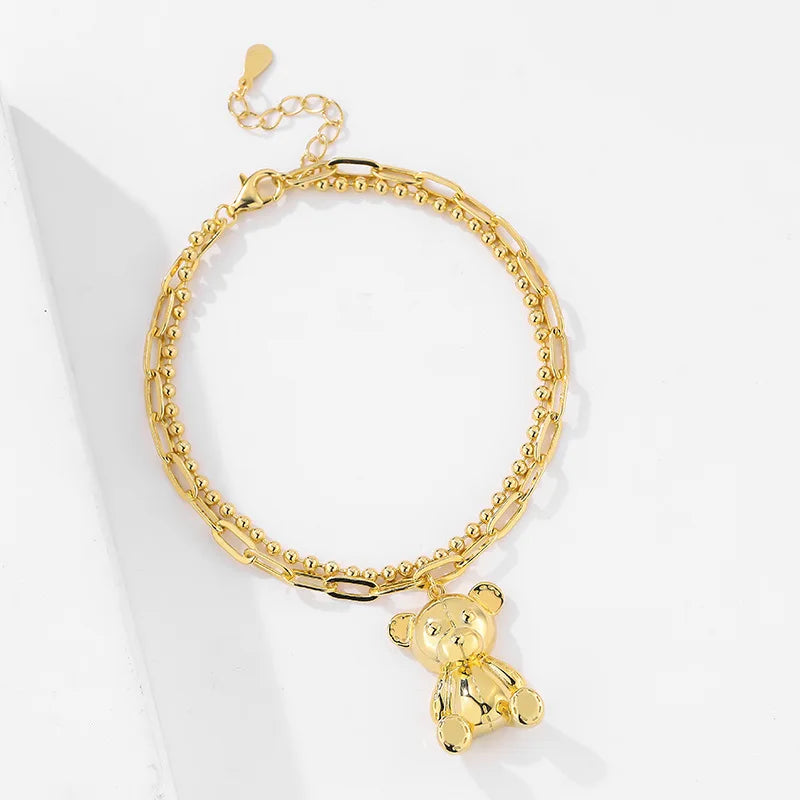 925 Sterling Silver Bracelet for Women Double Layers Bear Charm Bracelets