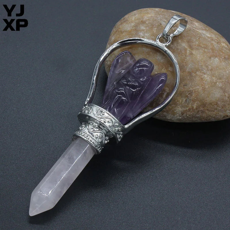YJXP Rock Crystal Angel Hexagon Prism Pendulum Scepter Pendant