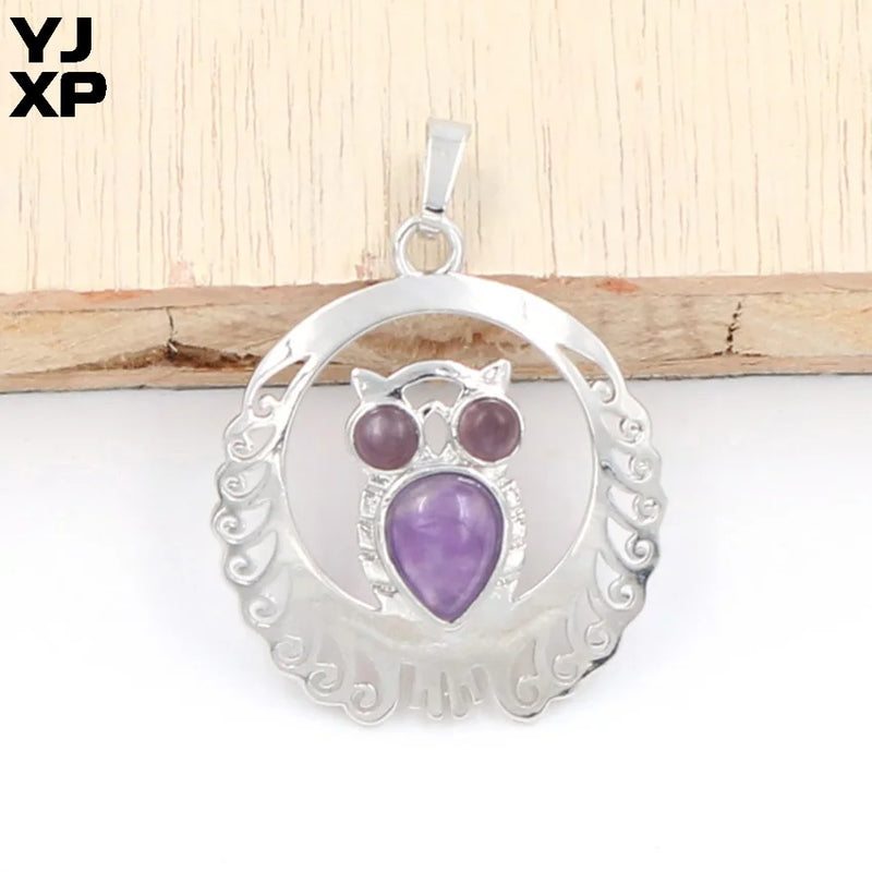 Natural Stone Owl Pendant Purple Amethysts Rose Pink Quartz Necklace Charm