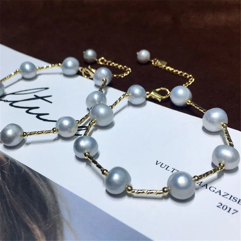 Women's Freshwater Ash Pearl Bracelet with Round Strong Light Micro-Defect Chain