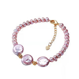 Women's Freshwater Baroque Round Purple Button Pearl Bracelet Crafts Jewelry