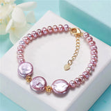 Women's Freshwater Baroque Round Purple Button Pearl Bracelet Crafts Jewelry