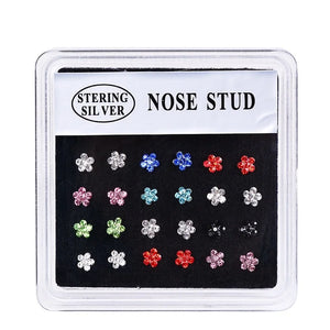 24PCS 925 Sterling Silver Crystal Flower Nose Stud Ring Body Piercing Jewelry