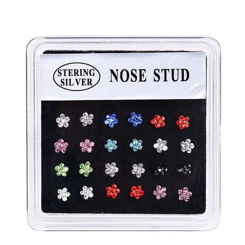 24PCS 925 Sterling Silver Crystal Flower Nose Stud Ring Body Piercing Jewelry