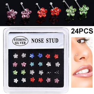 24PCS 925 Sterling Silver Crystal Flower Nose Stud Ring Body Piercing Jewelry