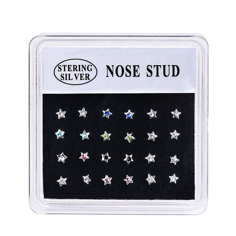 24PCS 925 Sterling Silver Crystal Nose Stud Body Piercing Jewelry