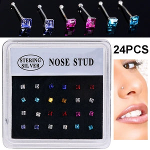 24PCS 925 Silver Multicolor Crystal Nose Stud Ring Body Piercing Jewelry