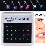 24PCS 925 Silver Multicolor Crystal Nose Stud Ring Body Piercing Jewelry