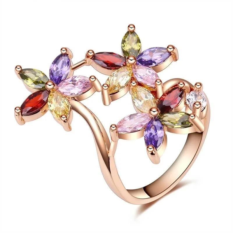 18K Rose Plated Multicolor Zircon Ring Women Wedding Jewelry Size 6-10