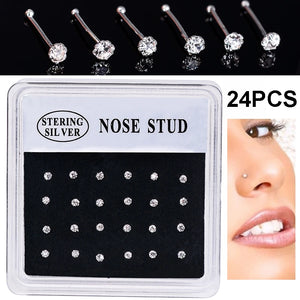 24PCS 925 Sterling Silver Crystal 2mm Nose Stud Ring Body Piercing Jewelry