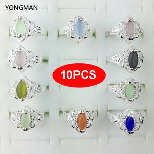 10PCS 925 Silver Opal Cat's Eyes Gemstone Ring Size 6 7 8 9 Gift