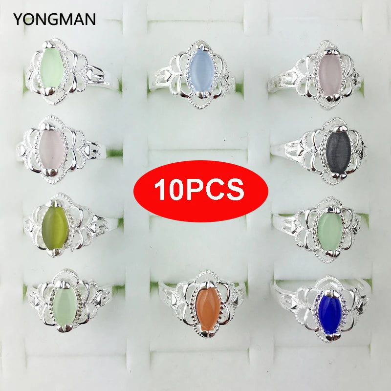 10PCS 925 Silver Opal Cat's Eyes Gemstone Ring Size 6 7 8 9 Gift