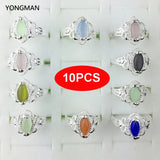 10PCS 925 Silver Opal Cat's Eyes Gemstone Ring Size 6 7 8 9 Gift