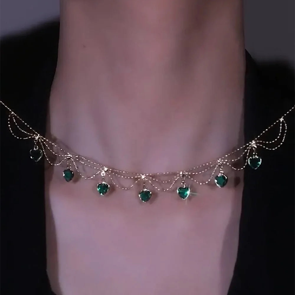 Vintage Emerald Zircon Heart Necklace Layered Green Crystal Choker