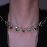 Vintage Emerald Zircon Heart Necklace Layered Green Crystal Choker