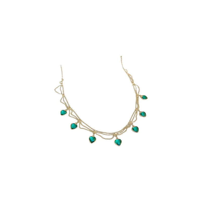 Vintage Emerald Zircon Heart Necklace Layered Green Crystal Choker