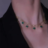 Vintage Emerald Zircon Heart Necklace Layered Green Crystal Choker