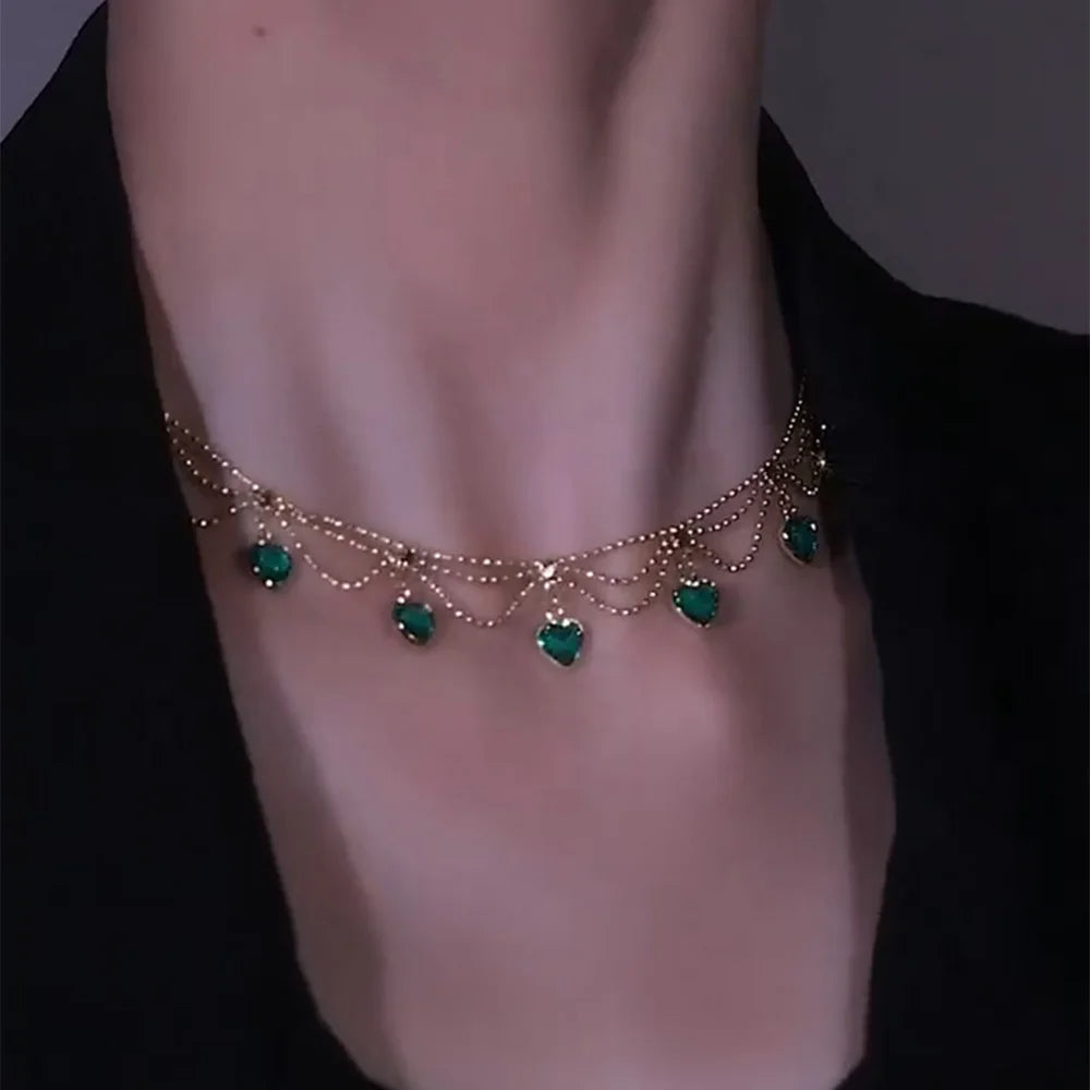 Vintage Emerald Zircon Heart Necklace Layered Green Crystal Choker